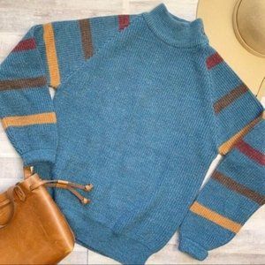 Vintage 80s Grandpa Sweater Blue Striped Mock Neck Raglan Sleeve Knit Small